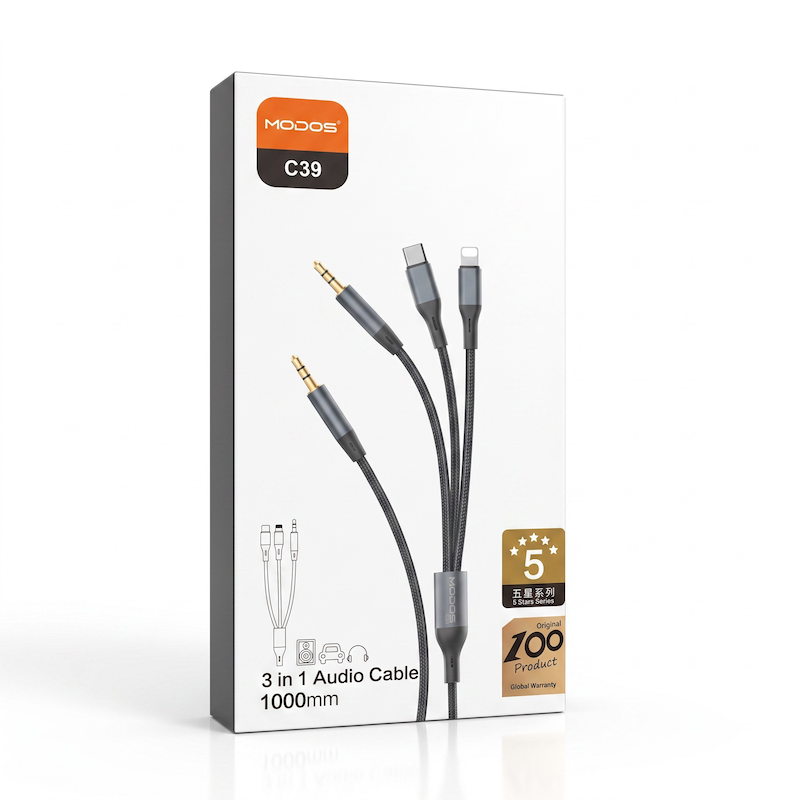 کابل تبدیل AUX به جک3.5+لایتنینگ+تایپ سی مودوس مدل c39 طول 1 متر