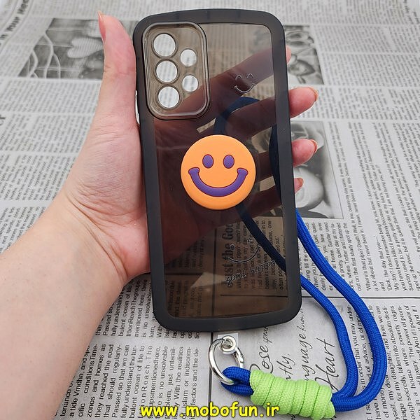 قاب گوشی Galaxy A73 5G سامسونگ طرح ژله ای شفاف بالشتی لبخند شاد HAPPY محافظ لنز دار مشکی آویزدار کد 473