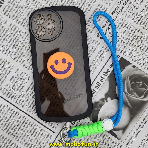 قاب گوشی iPhone 12 Pro Max آیفون طرح ژله ای شفاف بالشتی لبخند شاد HAPPY محافظ لنز دار مشکی آویزدار کد 545