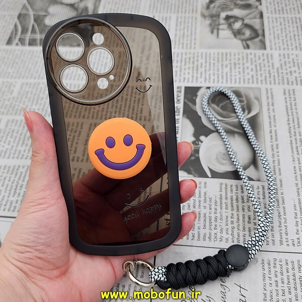 قاب گوشی iPhone 13 Pro آیفون طرح ژله ای شفاف بالشتی لبخند شاد HAPPY محافظ لنز دار مشکی آویزدار کد 331