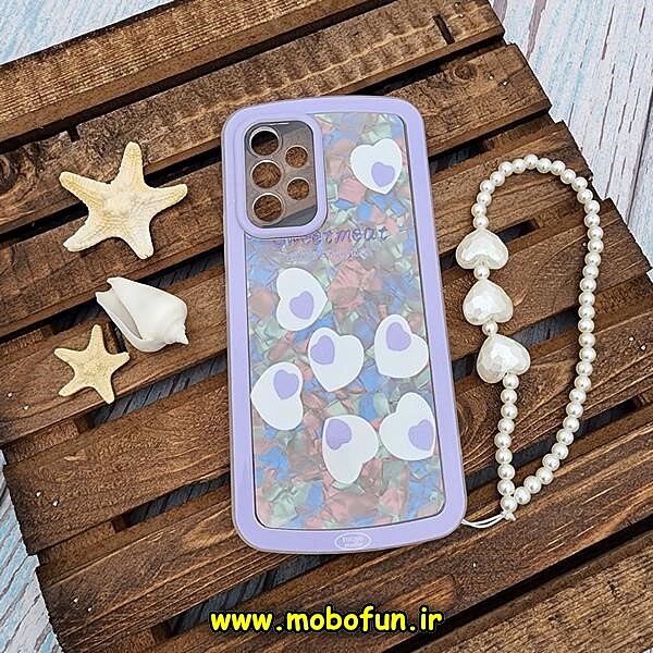 قاب گوشی Galaxy A53 5G سامسونگ طرح ماربل قلبی محافظ لنزدار به همراه آویز مرواریدی رنگ یاسی کد 525