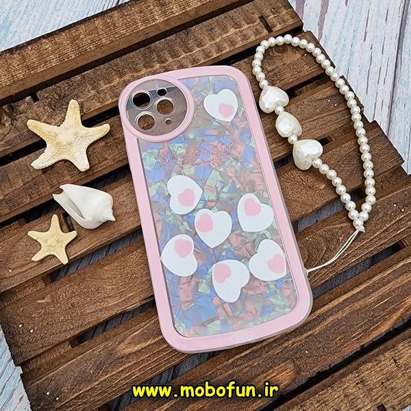 قاب گوشی iPhone 11 Pro Max آیفون طرح ماربل قلبی محافظ لنزدار به همراه آویز مرواریدی رنگ صورتی کد 490