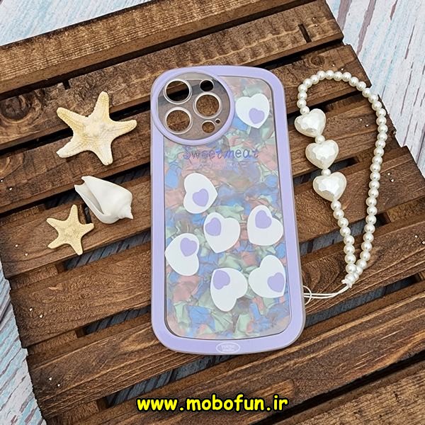 قاب گوشی iPhone 14 Pro Max آیفون طرح ماربل قلبی محافظ لنزدار به همراه آویز مرواریدی رنگ یاسی کد 153