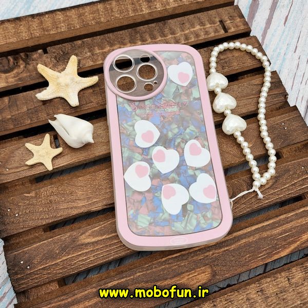 قاب گوشی iPhone 14 Pro Max آیفون طرح ماربل قلبی محافظ لنزدار به همراه آویز مرواریدی رنگ صورتی کد 154