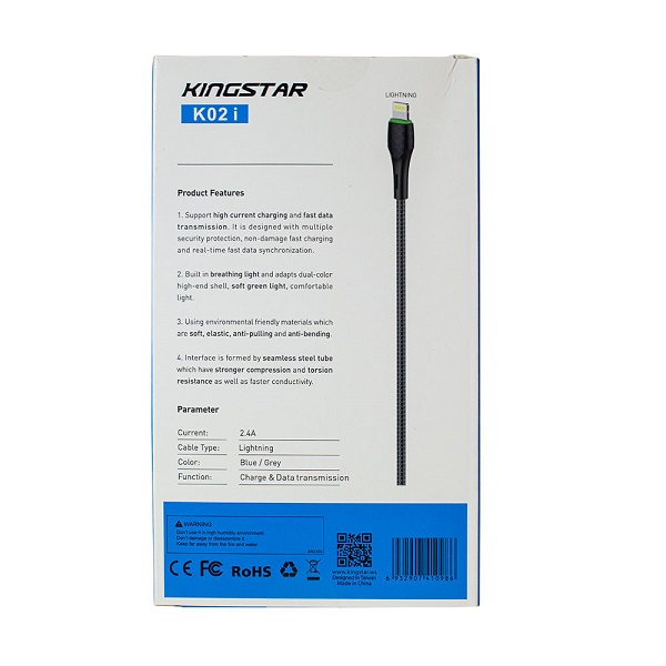 کابل شارژ USB به لایتنینگ کینگ استار KingStar مدل K02i طول 1 متر کد 140963