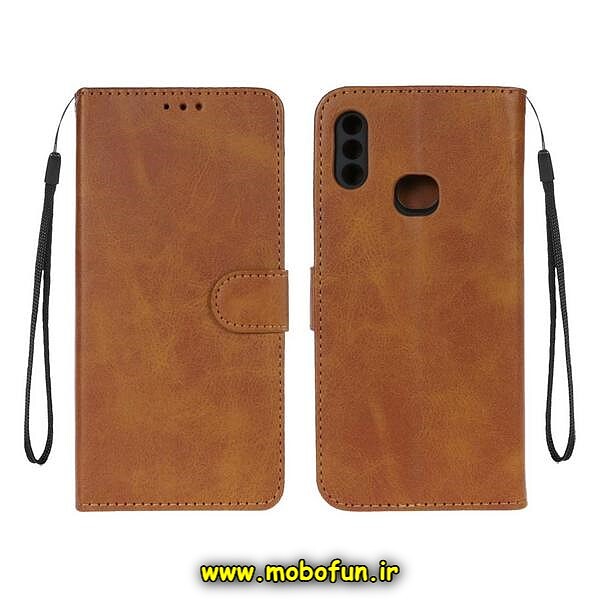 کیف گوشی Galaxy A10S سامسونگ مگنتی طرح چرم کتابی محافظ لنزدار عسلی کد 568