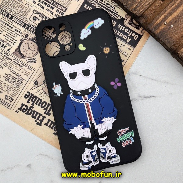 قاب گوشی iPhone 12 Pro آیفون طرح سیلیکونی ژله ای سه بعدی برجسته بولداگ محافظ لنز دار مشکی کد 751