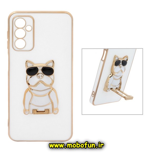 قاب گوشی Galaxy A04S سامسونگ طرح ژله ای سگ بولداگ مای کیس گلد لاین دور طلایی محافظ لنز دار سفید کد 159