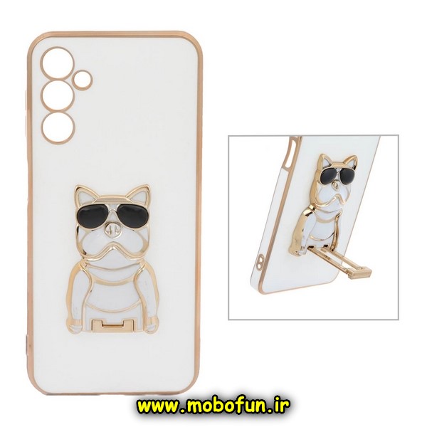 قاب گوشی Galaxy A14 4G - Galaxy A14 5G سامسونگ طرح ژله ای سگ بولداگ مای کیس گلد لاین دور طلایی محافظ لنز دار سفید کد 106