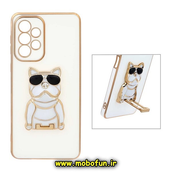 قاب گوشی Galaxy A73 5G سامسونگ طرح ژله ای سگ بولداگ مای کیس گلد لاین دور طلایی محافظ لنز دار سفید کد 557
