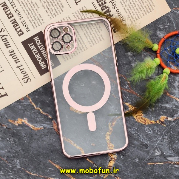 قاب گوشی iPhone 11 Pro Max آیفون طرح الکتروپلیتینگ مگ سیفی ژله ای شفاف اورجینال یونیک کیس Unique Case محافظ لنز دار گلسی رزگلد کد 525