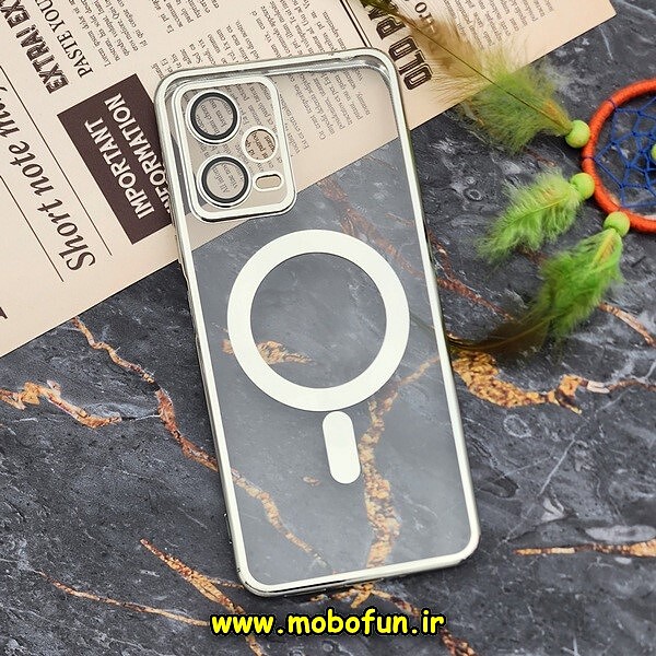 قاب گوشی Poco X5 شیائومی طرح الکتروپلیتینگ مگ سیفی ژله ای شفاف اورجینال یونیک کیس Unique Case محافظ لنز دار گلسی نقره ای کد 62