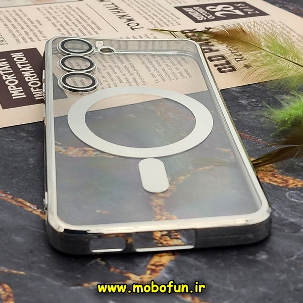 قاب گوشی Galaxy S23 سامسونگ طرح الکتروپلیتینگ مگ سیفی ژله ای شفاف اورجینال یونیک کیس Unique Case محافظ لنز دار گلسی نقره ای کد E40-170984