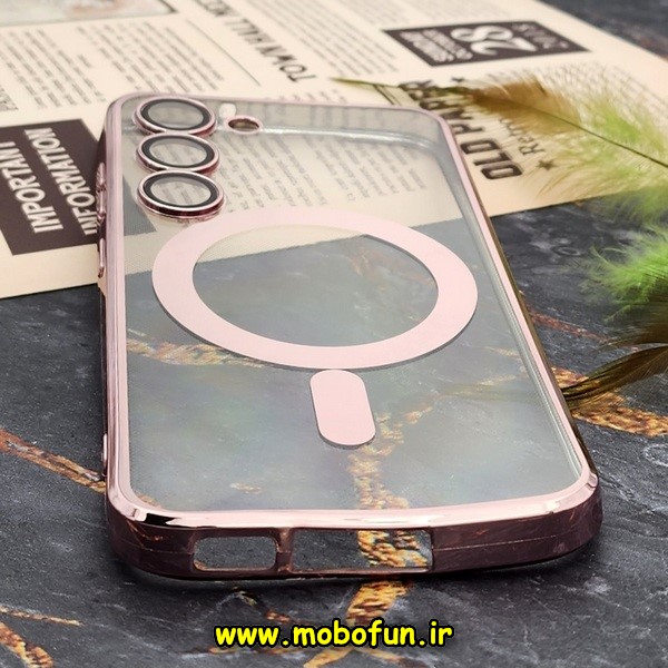 قاب گوشی Galaxy S23 سامسونگ طرح الکتروپلیتینگ مگ سیفی ژله ای شفاف اورجینال یونیک کیس Unique Case محافظ لنز دار گلسی رزگلد کد E40-170981