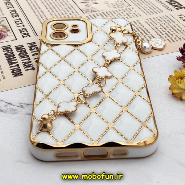 قاب گوشی iPhone 12 آیفون طرح ژله ای پافر لوزی دستبندی مرواریدی گلد لاین دور طلایی محافظ لنز دار سفید کد 767