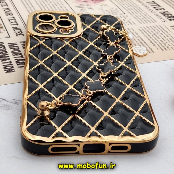 قاب گوشی iPhone 12 Pro Max آیفون طرح ژله ای پافر لوزی دستبندی مرواریدی گلد لاین دور طلایی محافظ لنز دار مشکی کد 601