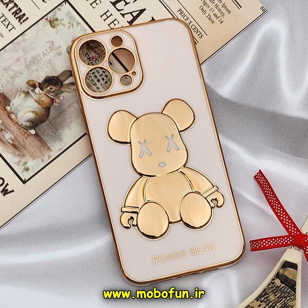 قاب گوشی iPhone 13 Pro Max آیفون طرح ژله ای مای کیس خرس طلایی تدی برجسته POWER BEAR محافظ لنز دار گلبهی کد 506