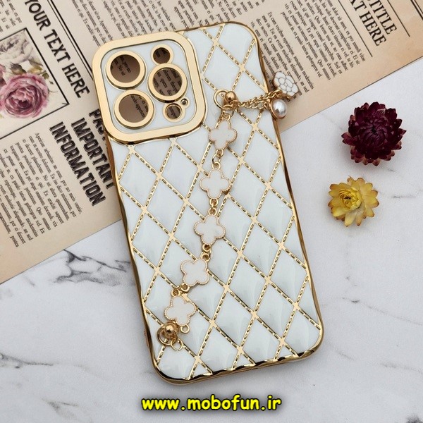قاب گوشی iPhone 14 Pro Max آیفون طرح ژله ای پافر لوزی دستبندی مرواریدی گلد لاین دور طلایی محافظ لنز دار سفید کد 181