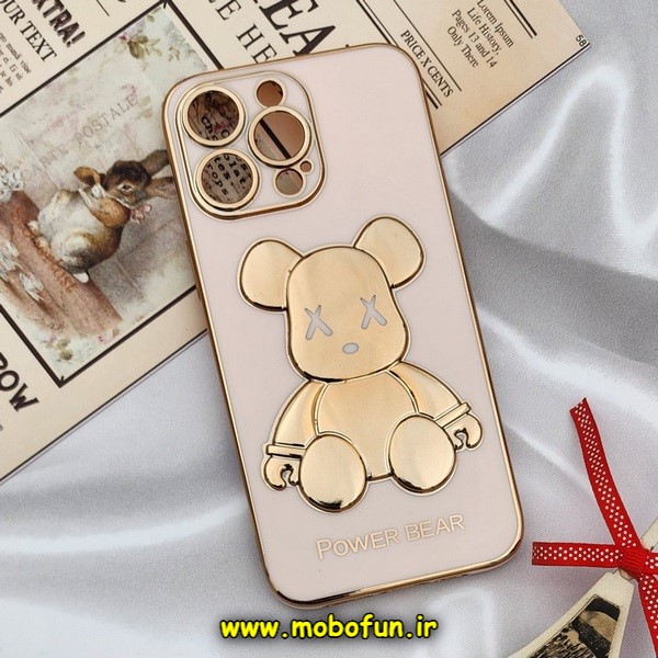 قاب گوشی iPhone 14 Pro Max آیفون طرح ژله ای مای کیس خرس طلایی تدی برجسته POWER BEAR محافظ لنز دار گلبهی کد 183