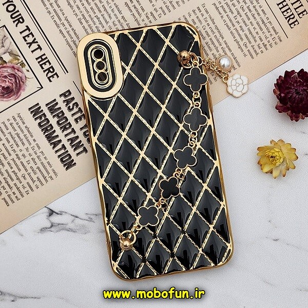قاب گوشی iPhone X - iPhone XS آیفون طرح ژله ای پافر لوزی دستبندی مرواریدی گلد لاین دور طلایی محافظ لنز دار مشکی کد 493