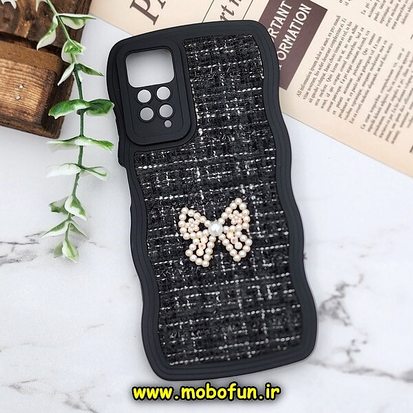 قاب گوشی Redmi Note 11 Pro 4G Global - Redmi Note 11 Pro 5G Global - Redmi Note 11E Pro شیائومی طرح سیلیکونی پارچه ای نگین دار پاپیونی محافظ لنزدار مشکی کد 517