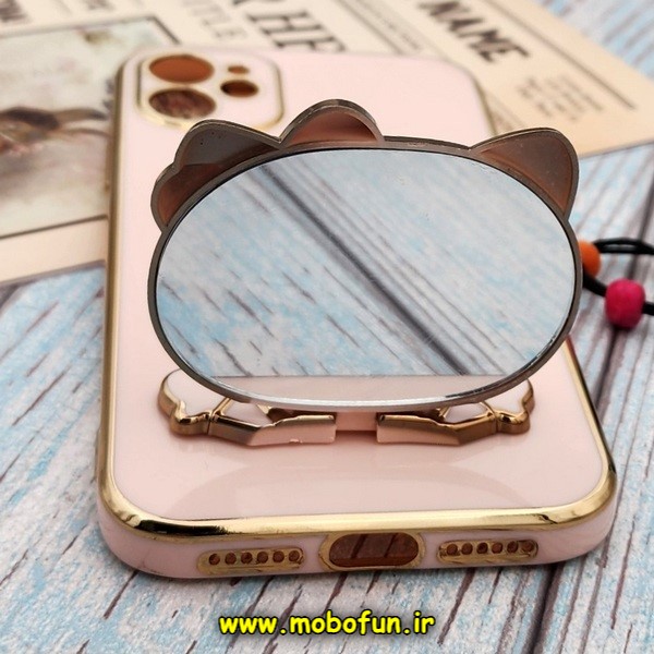 قاب گوشی iPhone 11 آیفون طرح ژله ای کیتی KITTY مای کیس گلد لاین آینه ای دور طلایی محافظ لنز دار گلبهی کد E42-172003