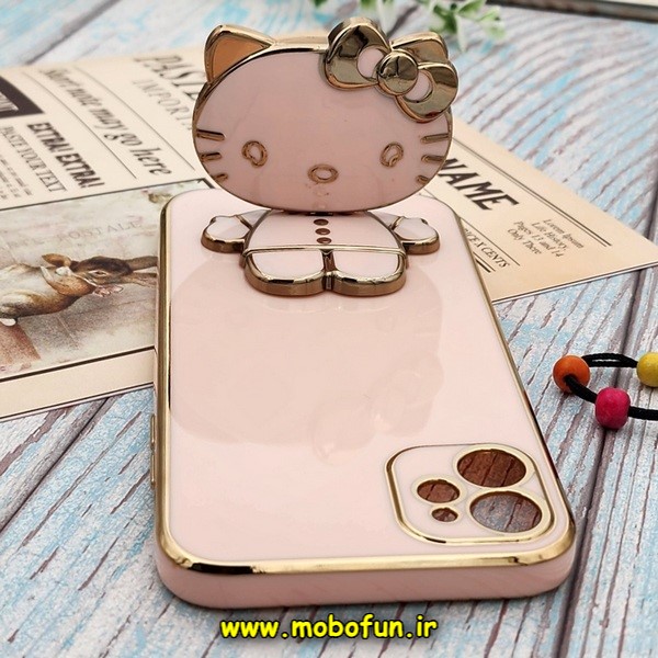 قاب گوشی iPhone 11 آیفون طرح ژله ای کیتی KITTY مای کیس گلد لاین آینه ای دور طلایی محافظ لنز دار گلبهی کد E42-172003