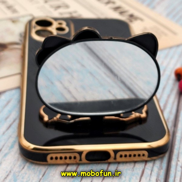 قاب گوشی iPhone 11 آیفون طرح ژله ای کیتی KITTY مای کیس گلد لاین آینه ای دور طلایی محافظ لنز دار مشکی کد E42-172004