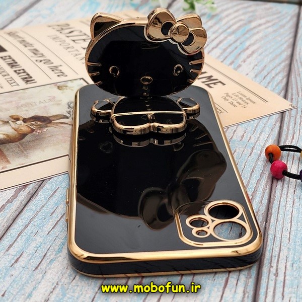 قاب گوشی iPhone 11 آیفون طرح ژله ای کیتی KITTY مای کیس گلد لاین آینه ای دور طلایی محافظ لنز دار مشکی کد E42-172004