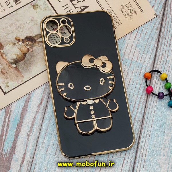 قاب گوشی iPhone 11 Pro Max آیفون طرح ژله ای کیتی KITTY مای کیس گلد لاین آینه ای دور طلایی محافظ لنز دار مشکی کد 530