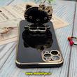 قاب گوشی iPhone 11 Pro Max آیفون طرح ژله ای کیتی KITTY مای کیس گلد لاین آینه ای دور طلایی محافظ لنز دار مشکی کد 530