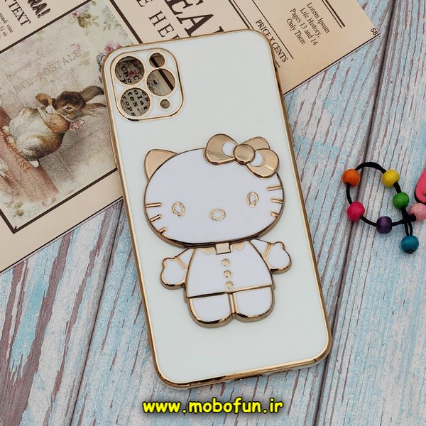 قاب گوشی iPhone 11 Pro Max آیفون طرح ژله ای کیتی KITTY مای کیس گلد لاین آینه ای دور طلایی محافظ لنز دار سفید کد 531