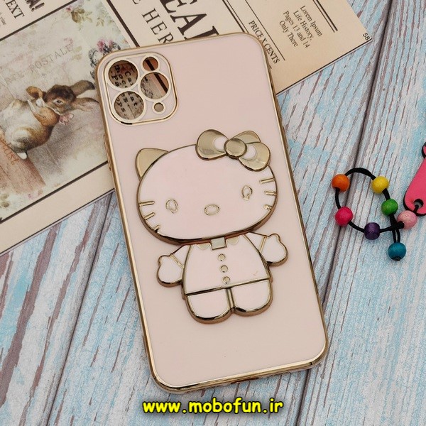 قاب گوشی iPhone 11 Pro Max آیفون طرح ژله ای کیتی KITTY مای کیس گلد لاین آینه ای دور طلایی محافظ لنز دار گلبهی کد 532