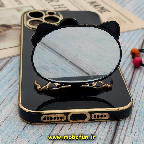 قاب گوشی iPhone 12 Pro Max آیفون طرح ژله ای کیتی KITTY مای کیس گلد لاین آینه ای دور طلایی محافظ لنز دار مشکی کد E42-172014