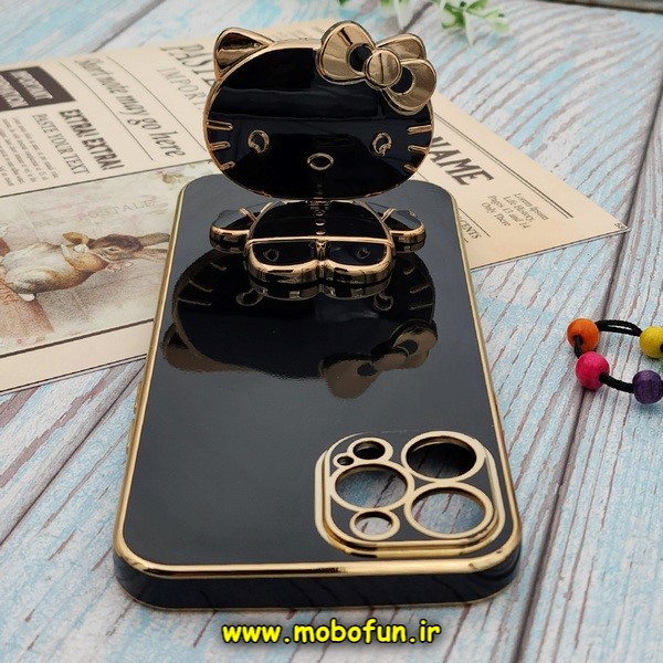قاب گوشی iPhone 12 Pro Max آیفون طرح ژله ای کیتی KITTY مای کیس گلد لاین آینه ای دور طلایی محافظ لنز دار مشکی کد E42-172014