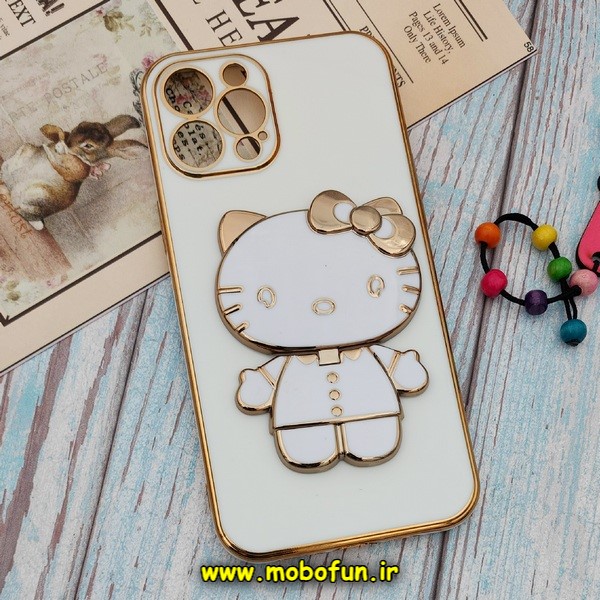 قاب گوشی iPhone 12 Pro Max آیفون طرح ژله ای کیتی KITTY مای کیس گلد لاین آینه ای دور طلایی محافظ لنز دار سفید کد 616