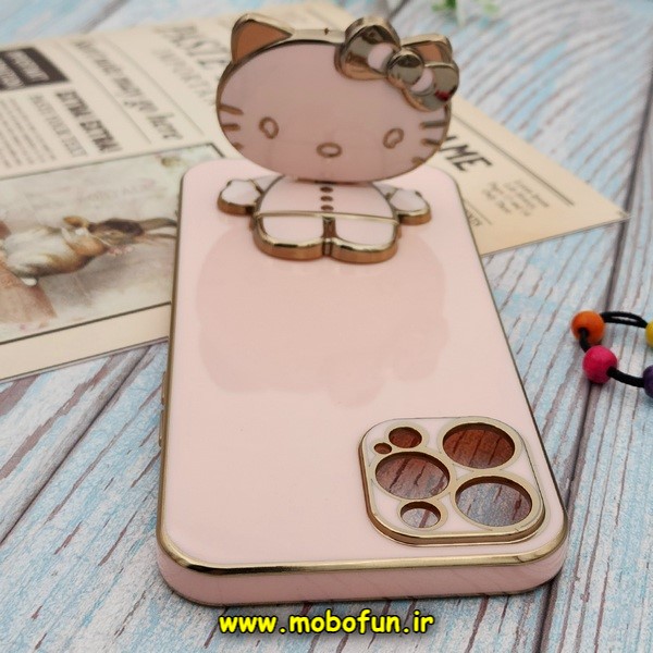 قاب گوشی iPhone 12 Pro Max آیفون طرح ژله ای کیتی KITTY مای کیس گلد لاین آینه ای دور طلایی محافظ لنز دار گلبهی کد E42-172015