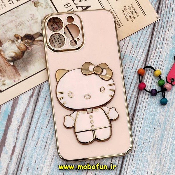 قاب گوشی iPhone 13 Pro Max آیفون طرح ژله ای کیتی KITTY مای کیس گلد لاین آینه ای دور طلایی محافظ لنز دار گلبهی کد 514