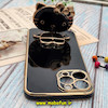 قاب گوشی iPhone 13 Pro Max آیفون طرح ژله ای کیتی KITTY مای کیس گلد لاین آینه ای دور طلایی محافظ لنز دار مشکی کد 515