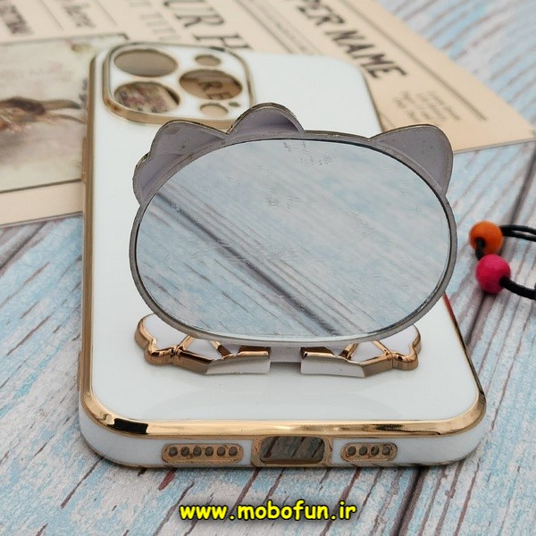 قاب گوشی iPhone 14 Pro Max آیفون طرح ژله ای کیتی KITTY مای کیس گلد لاین آینه ای دور طلایی محافظ لنز دار سفید کد E42-172028