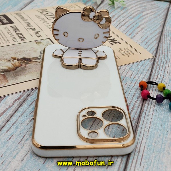 قاب گوشی iPhone 14 Pro Max آیفون طرح ژله ای کیتی KITTY مای کیس گلد لاین آینه ای دور طلایی محافظ لنز دار سفید کد E42-172028