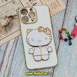 قاب گوشی iPhone 14 Pro Max آیفون طرح ژله ای کیتی KITTY مای کیس گلد لاین آینه ای دور طلایی محافظ لنز دار سفید کد 191