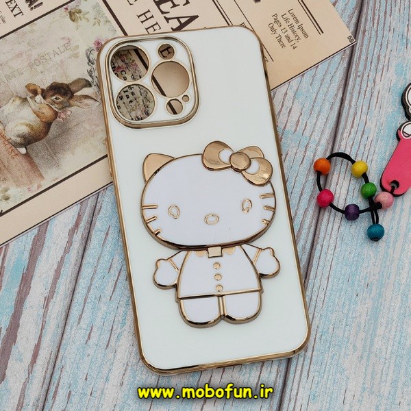 قاب گوشی iPhone 14 Pro Max آیفون طرح ژله ای کیتی KITTY مای کیس گلد لاین آینه ای دور طلایی محافظ لنز دار سفید کد 191