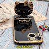 قاب گوشی iPhone 14 آیفون طرح ژله ای کیتی KITTY مای کیس گلد لاین آینه ای دور طلایی محافظ لنز دار مشکی کد 78
