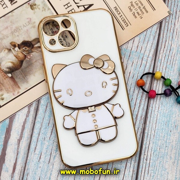 قاب گوشی iPhone 14 آیفون طرح ژله ای کیتی KITTY مای کیس گلد لاین آینه ای دور طلایی محافظ لنز دار سفید کد 79