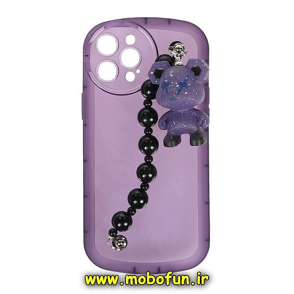 قاب گوشی iPhone 13 Pro آیفون طرح ژله ای شفاف بالشتی عروسکی خرس KAWS محافظ لنز دار دستبندی بنفش کد 380