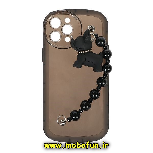 قاب گوشی iPhone 13 Pro آیفون طرح ژله ای شفاف بالشتی عروسکی سگ بولداگ محافظ لنز دار دستبندی مشکی کد 381
