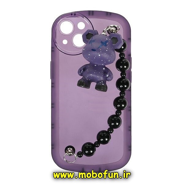 قاب گوشی iPhone 14 آیفون طرح ژله ای شفاف بالشتی عروسکی خرس KAWS محافظ لنز دار دستبندی بنفش کد 85