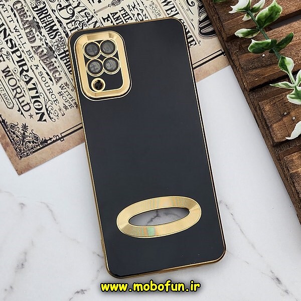 قاب گوشی Galaxy A12 - Galaxy M12 - Galaxy F12 سامسونگ طرح ژله ای دبل متال مای کیس مگ سیف Magsafe گلد لاین دور طلایی محافظ لنز دار شیشه ای مشکی کد 1177
