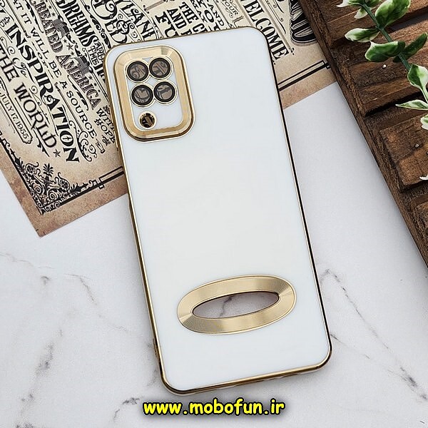 قاب گوشی Galaxy A12 - Galaxy M12 - Galaxy F12 سامسونگ طرح ژله ای دبل متال مای کیس مگ سیف Magsafe گلد لاین دور طلایی محافظ لنز دار شیشه ای سفید کد 1178